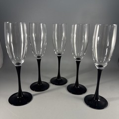 Set of 5 Clear Glass Champagne Flutes with Black Stems Tapered Glossy Finish 6oz