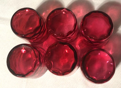 6 Vintage Cranberry Red Glass Tumblers/Inverted Optic Coin Dot/Thumbprint Set