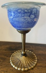 Cobalt Blue Hand Blown Goblet Chalice Brass Stem DECORATIVE ONLY
