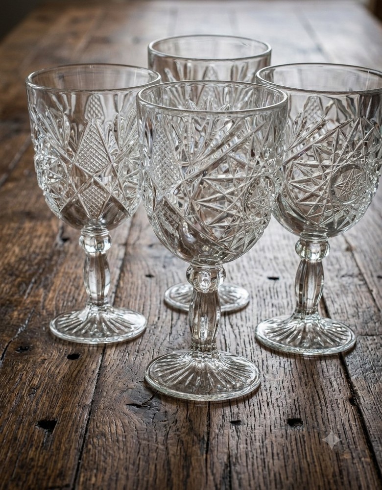 4 Libbey STAR OF DAVID Hobstar Goblets Glasses Footed Water Wine 12 Oz Vintage