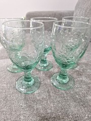LIBBEY SPANISH GREEN WATER GOBLETS SET OF 5 EMBOSSED ORCHARD FRUIT DESIGN