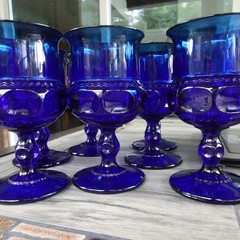 Set 7 Imperial by Tiara Glass Cobalt Blue Kings Crown Thumbprint Water Goblets