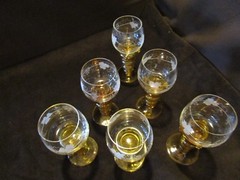 Antique GLASS ROMER type SET 6 goblets amber Etched w/ PRUNTS Bohemian 4 Oz.