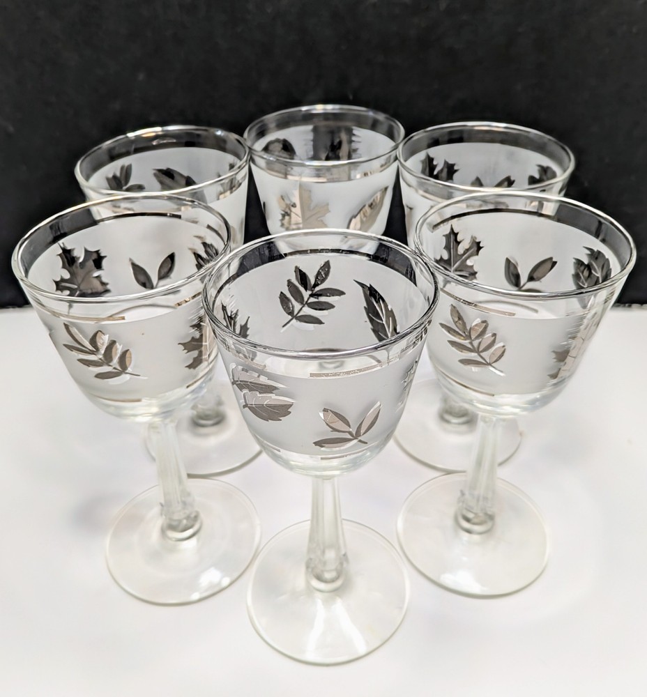 Vintage Libbey Silver Foliage Stemmed Wine Glasses Set Of 6 MCM Barware 5.75 In.