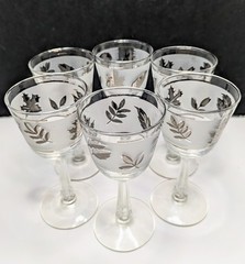 Vintage Libbey Silver Foliage Stemmed Wine Glasses Set Of 6 MCM Barware 5.75 In.