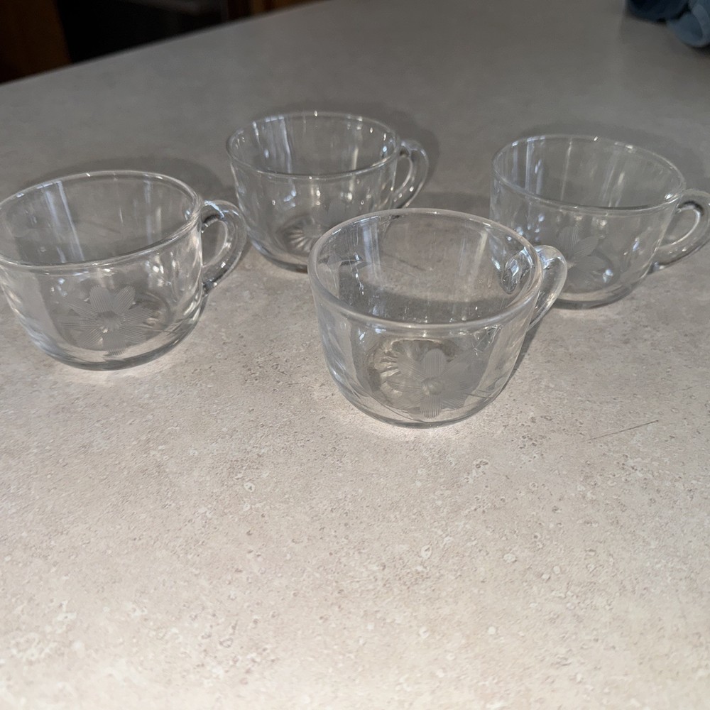 4 Vintage Etched Punch Bowl Glasses with Flowers