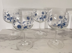 Set of 4 Blue Danube Blue Onion Wine Glass Water Goblet Stemware 6 1/2″