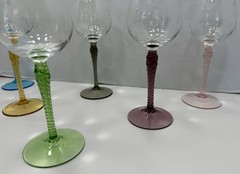 6 VTG Colorful Twisted Stem Crystal & Glass Wine Glasses Etched Grape Design