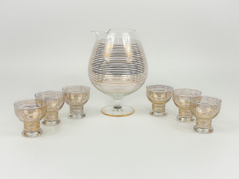 VTG Footed Pitcher & (6) 4oz Glasses Barware Art Deco Gold Striped Set MCM 60oz.