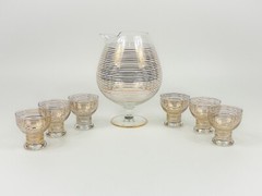 VTG Footed Pitcher & (6) 4oz Glasses Barware Art Deco Gold Striped Set MCM 60oz.