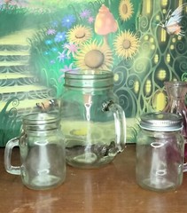 Set of 2 Mini Me Glass Mason Jar Mugs Clear with Handles / screw on Lid H = 3 in