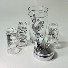Hazel Atlas Pheasants Cocktail Shaker 6 Shot Glasses Game Birds Hunting MCM Set