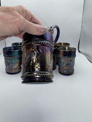Antq Dugan Carnival Glass Storks & Rushes Water Set 7 Tumblers Pitcher Included