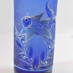 Mexican Hand Blown Tumbler Glass Cobalt Blue, Hand Painted Fish & Flowers 10 oz