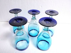 5 Mexican Handblown Ombre’ Cobalt Blue Rim Base 16 Oz Water Cocktail Goblets