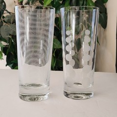 2 Mikasa Cheers Highball Etched Glasses Pin Stripes & Dots New
