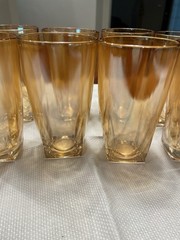 (6) Jeannette Glass Iridescent Marigold Tumblers Vintage 5″T Square Base