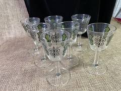Lot of 7,Mid-Century Black/Green Espana Swirl Star Glass Liquor 5 1/4″- Vintage