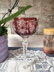 Bohemian Red Cut To Clear Crystal Wine Glass Floral Tall Stemware Decor Pattern