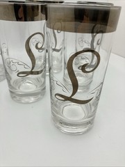 Vintage Queens Lusterware Silver Band Monogram «L» Highball Glasses Set of 6