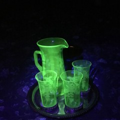 Rare Teal Antique Uranium Signed Hawkes 9” Lemonade Pitcher &3 Tumblers Etched