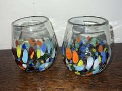 Hand Blown Thick Art Glass Confetti Stemless Wine Glass Set of 2