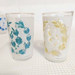 Vtg Libbey Juice Cordial Glasses Color Leaf Pattern Gold Rim 70s Kitsch Kitchen