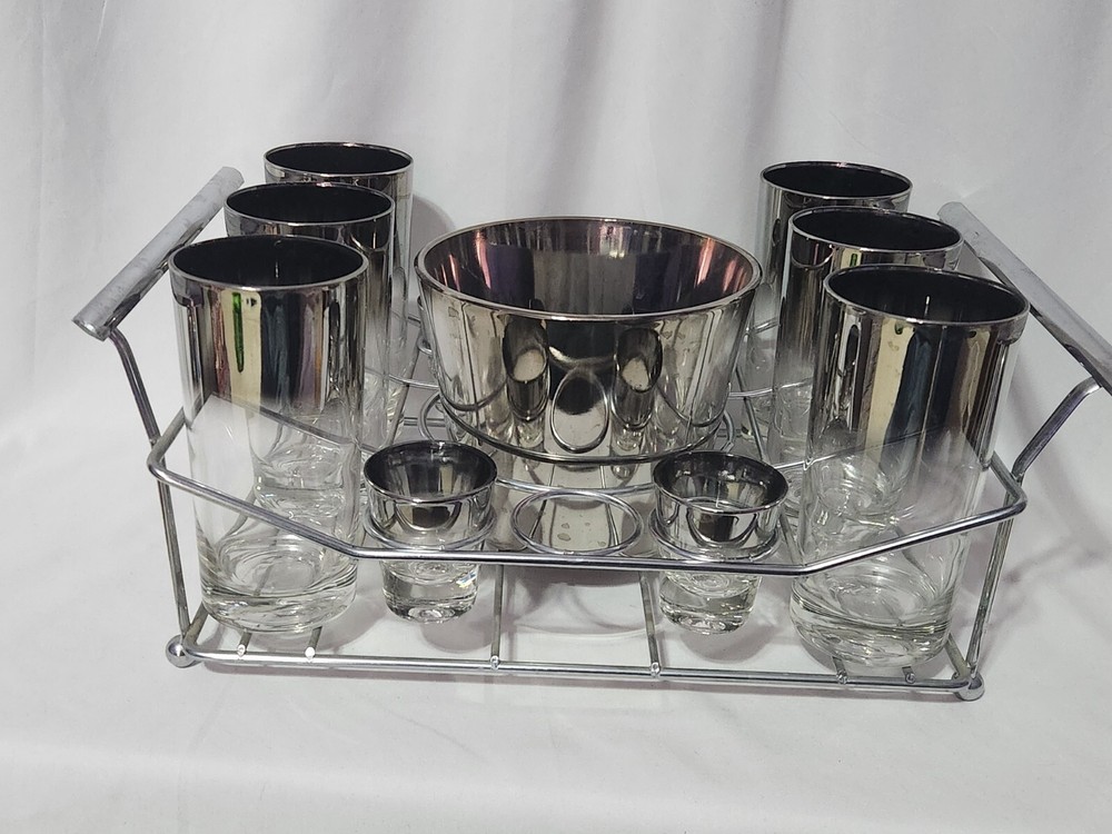 MCM Vitreon Queen’s Lusterware Silver Fade Bar Set w/ Chrome Rack
