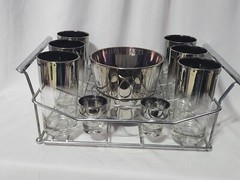 MCM Vitreon Queen’s Lusterware Silver Fade Bar Set w/ Chrome Rack