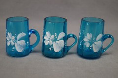 Set of 3 Bohemian Hand Enameled White Floral Optic Molded Blue Cordial Glasses