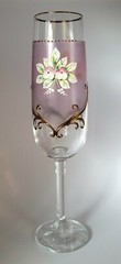 Bohemian Czech Glass 7oz Champagne Flute Raised Handpainted Pink Flowers 22kGold