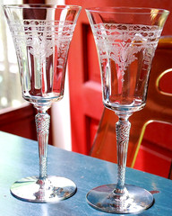 Vtg DECO Set 2 Morgantown CORINTH Water Goblets OPTIC ETCH 767 Stem 7654 c1931
