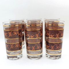 6 Vtg MCM Georges Briard Marbled Tortoise Highball Bar Glasses/Brown &Gold/Lot#6