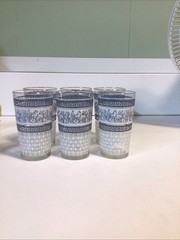 Set Of 6 JEANETTE Patrician Glass Roman Greek Key Chariot Design Blue White VTG