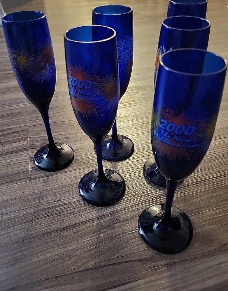 Set of 6 Cobalt Blue Glass Champagne Flutes «2000 The New Millennium» Fireworks