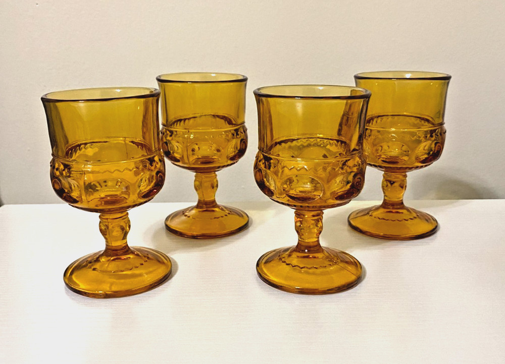 Vintage Indiana Glass Kings Crown Amber Goblets, 4 oz. each – set of 4