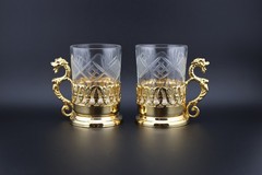 Vintage 24K Gold Plated Dragon Tea Glasses Set 2 Cut Crystal Turkish/Persian