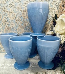 5 Depression Delphite Blue Cherry Blossom Jeannette 9 Oz Footed Tumbler Exc Cond