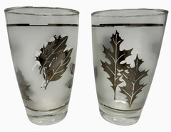 Vintage Libbey Frosted Silver Foliage Oak Leaf Highball Glasses Set of 2 Silver