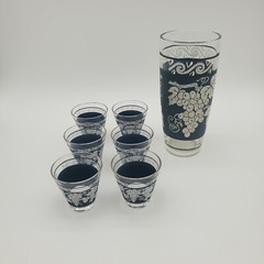 7 Piece Hazel Atlas Jigger Blue with Grape Leaves and 6 Shot Glasses