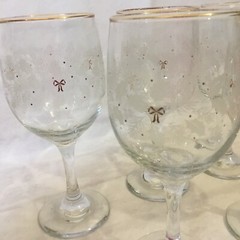 Vintage Libbey Frosted Christmas Holly and Berry Wine Glasses Goblets Gold Bows