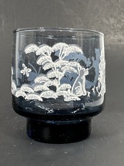 Vintage Set of 4 Libby Mary Gregory Smoke Blue Lowball Glasses Children Fishing