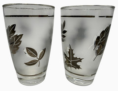 Vintage Libbey Frosted Silver Foliage Oak Leaf Highball Glasses Set of 2 Silver