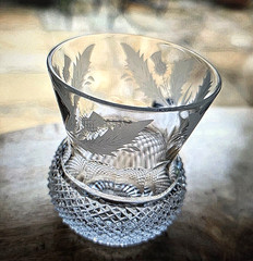 Edinburgh Cut Etched Crystal Whiskey Glass, Thistle Scotland, Signed Label