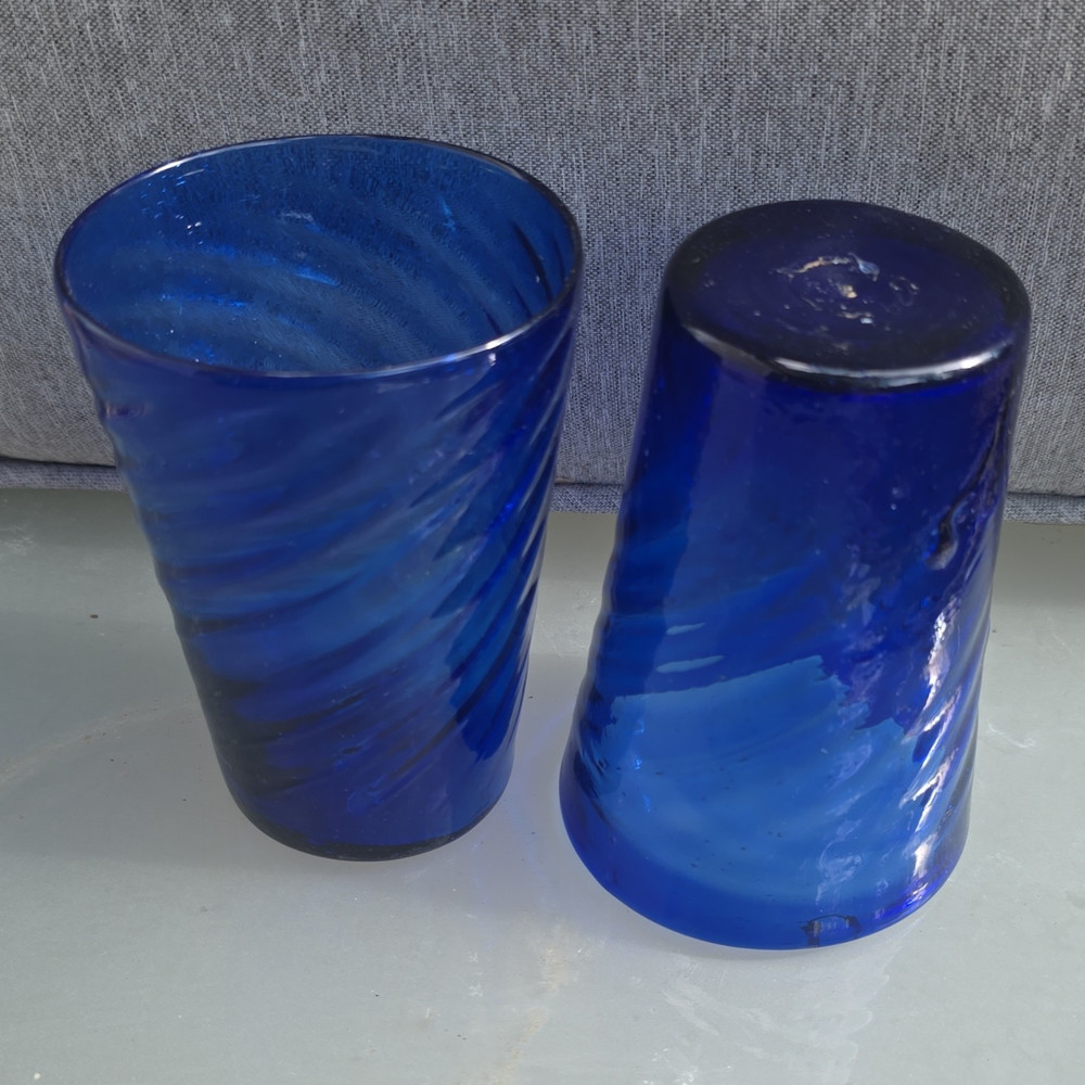 Unmarked Set of 2 Blue Swirl Glass, Hand Blown, Tumbler Glasses, Cobalt Blue