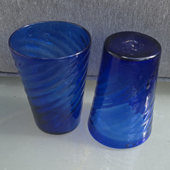 Unmarked Set of 2 Blue Swirl Glass, Hand Blown, Tumbler Glasses, Cobalt Blue