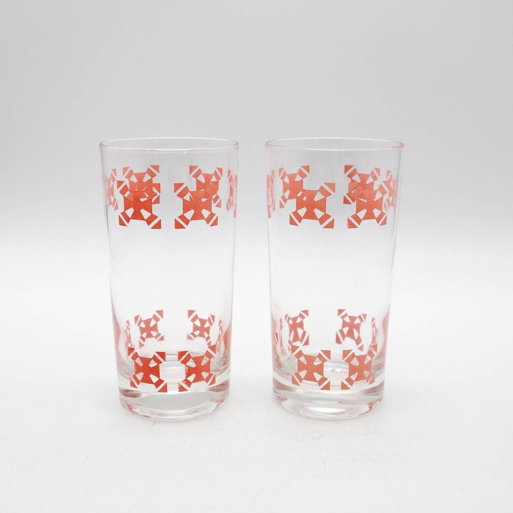 2 Vtg Mid-Century Pink Geometric Highball Glasses Tumblers 12oz Boho Southwest
