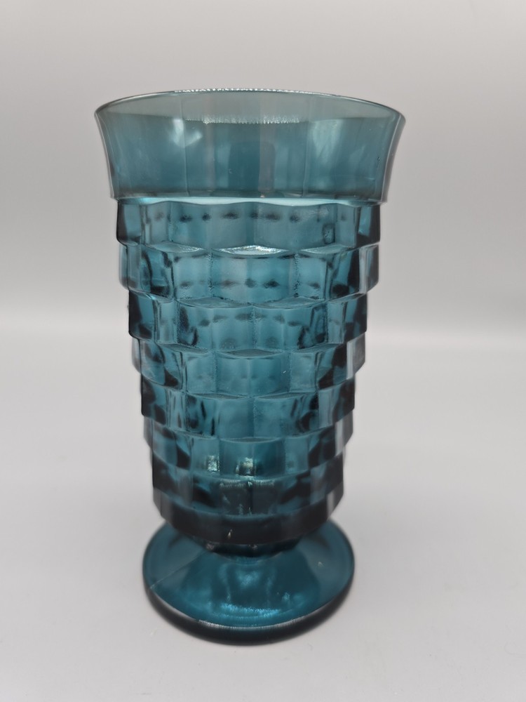 INDIANA GLASS Whitehall Colony CUBIST Riviera Blue PEDESTAL 12oz 6″ Tumbler