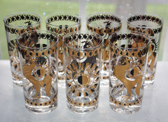 7 Fred Press Highball Glasses Rooster Black Gold Vtg MCM Atomic Barware – RARE