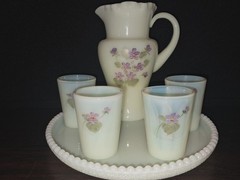 6 PC Fenton custard floral hand painted signed Uranium Lemonade set w/ Box